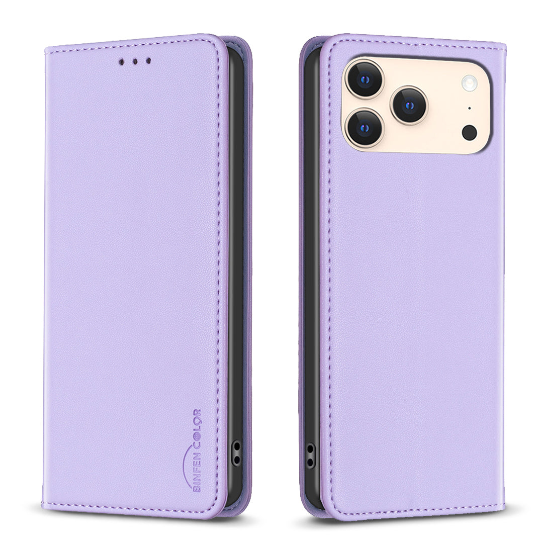 For iPhone 17 Pro Max Leather Case BINFEN COLOR BF18 Phone Stand Cover with Card Slots - Purple