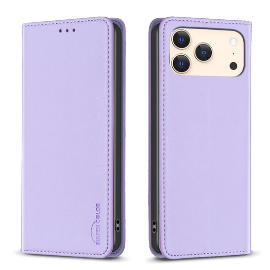For iPhone 17 Pro Max Leather Case BINFEN COLOR BF18 Phone Stand Cover with Card Slots - Purple