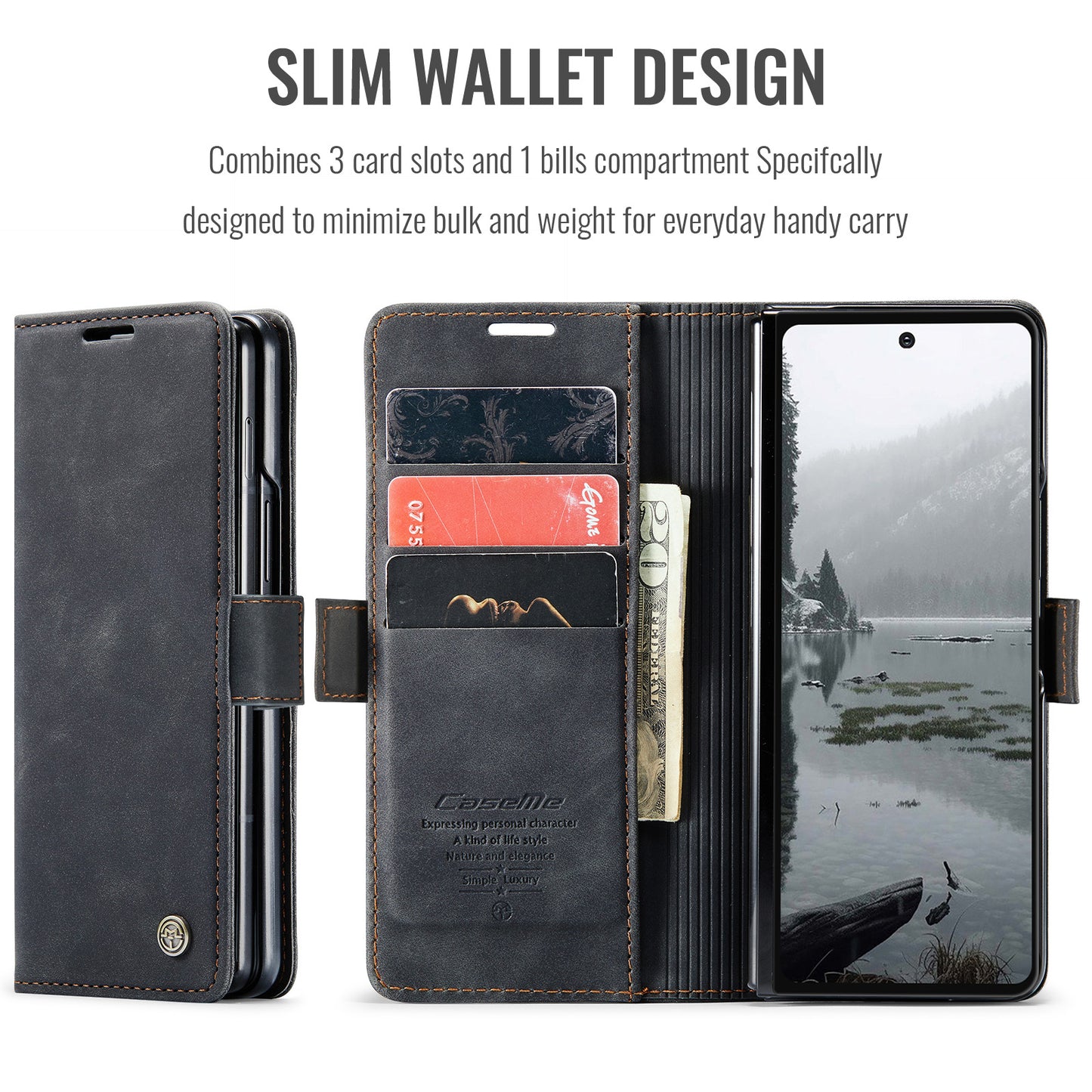 For Samsung Galaxy Z Fold7 5G Wallet Case CASEME 013 Series PU Leather Phone Cover Stand - Black