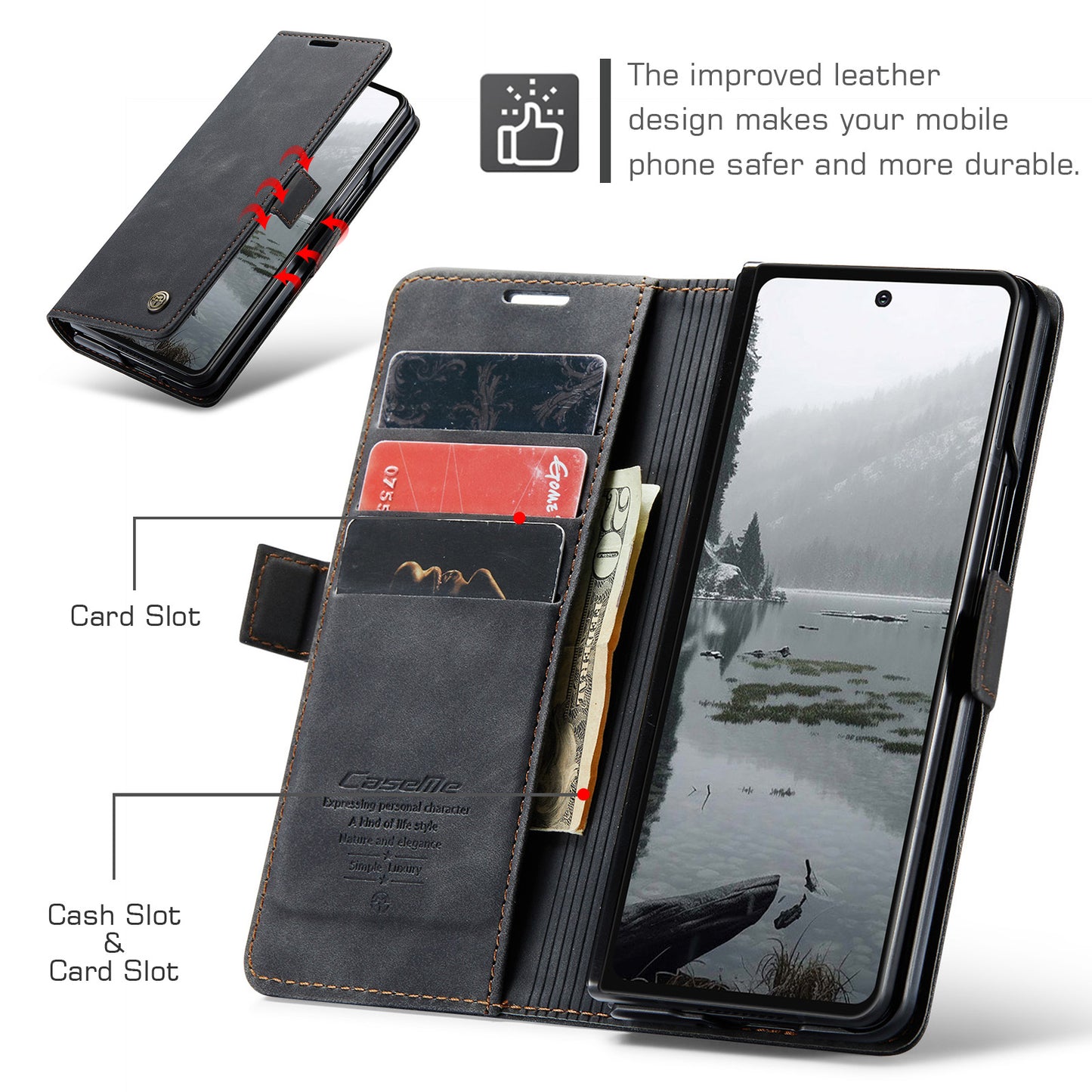 For Samsung Galaxy Z Fold7 5G Wallet Case CASEME 013 Series PU Leather Phone Cover Stand - Black