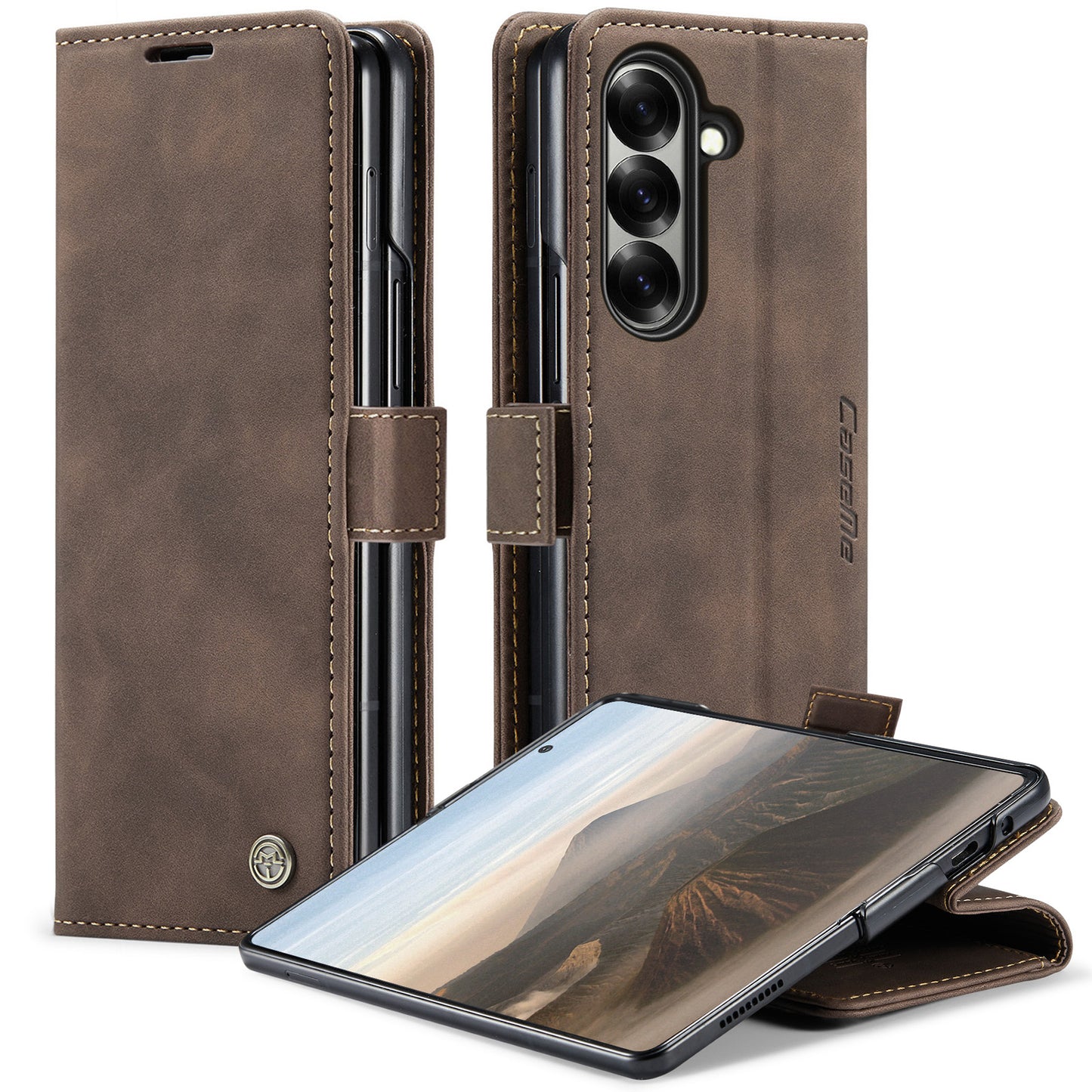 For Samsung Galaxy Z Fold7 5G Wallet Case CASEME 013 Series PU Leather Phone Cover Stand - Coffee