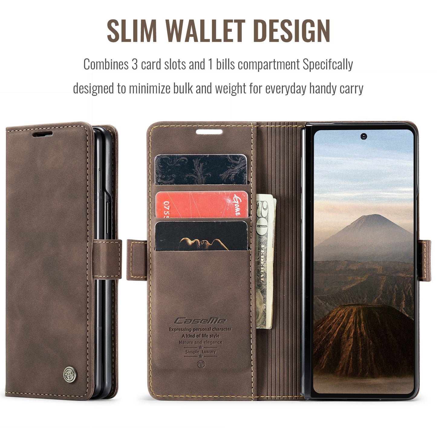 For Samsung Galaxy Z Fold7 5G Wallet Case CASEME 013 Series PU Leather Phone Cover Stand - Coffee