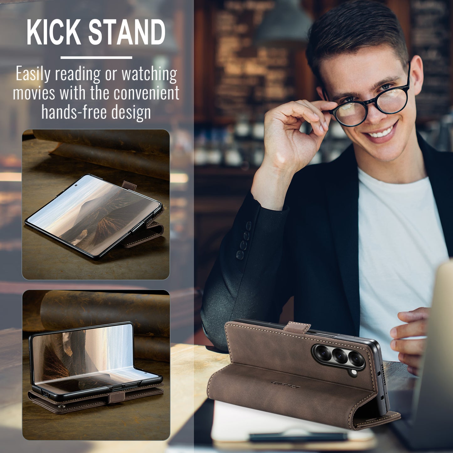 For Samsung Galaxy Z Fold7 5G Wallet Case CASEME 013 Series PU Leather Phone Cover Stand - Coffee