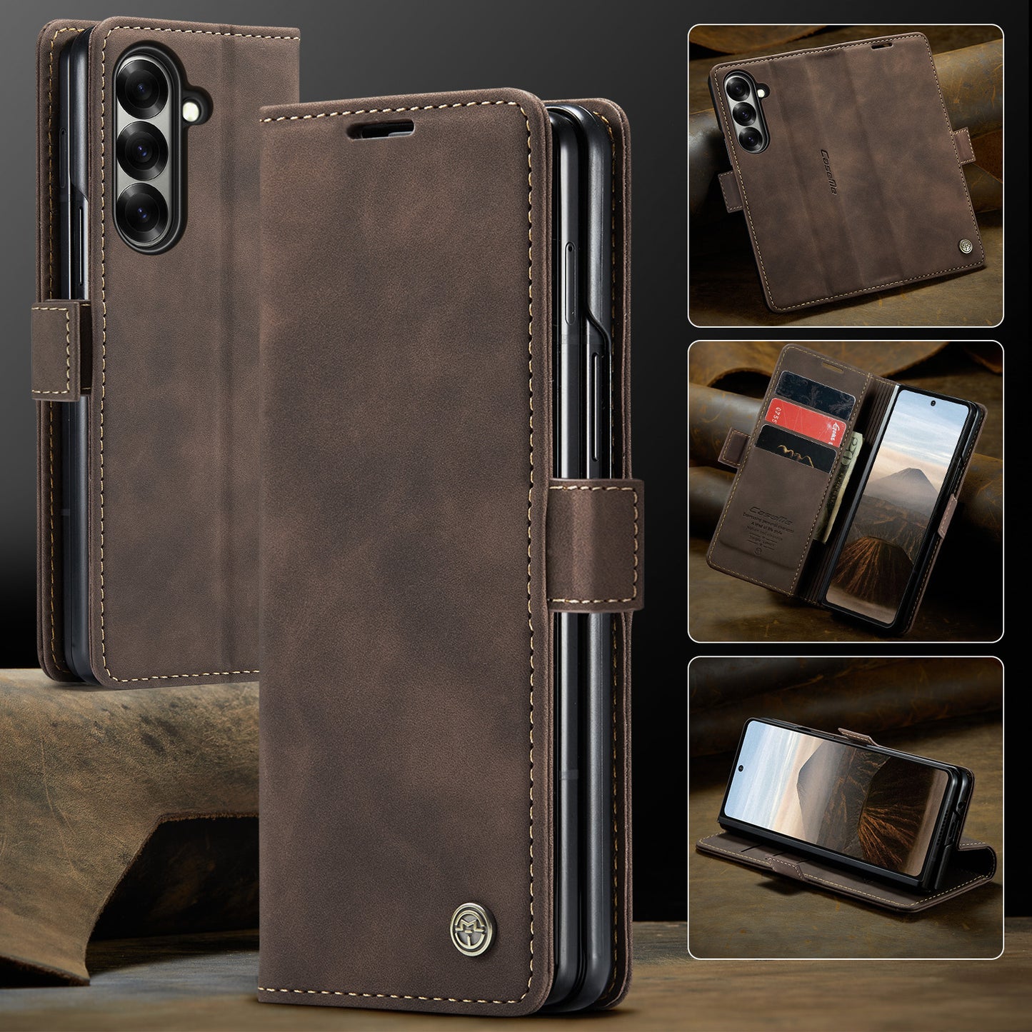 For Samsung Galaxy Z Fold7 5G Wallet Case CASEME 013 Series PU Leather Phone Cover Stand - Coffee