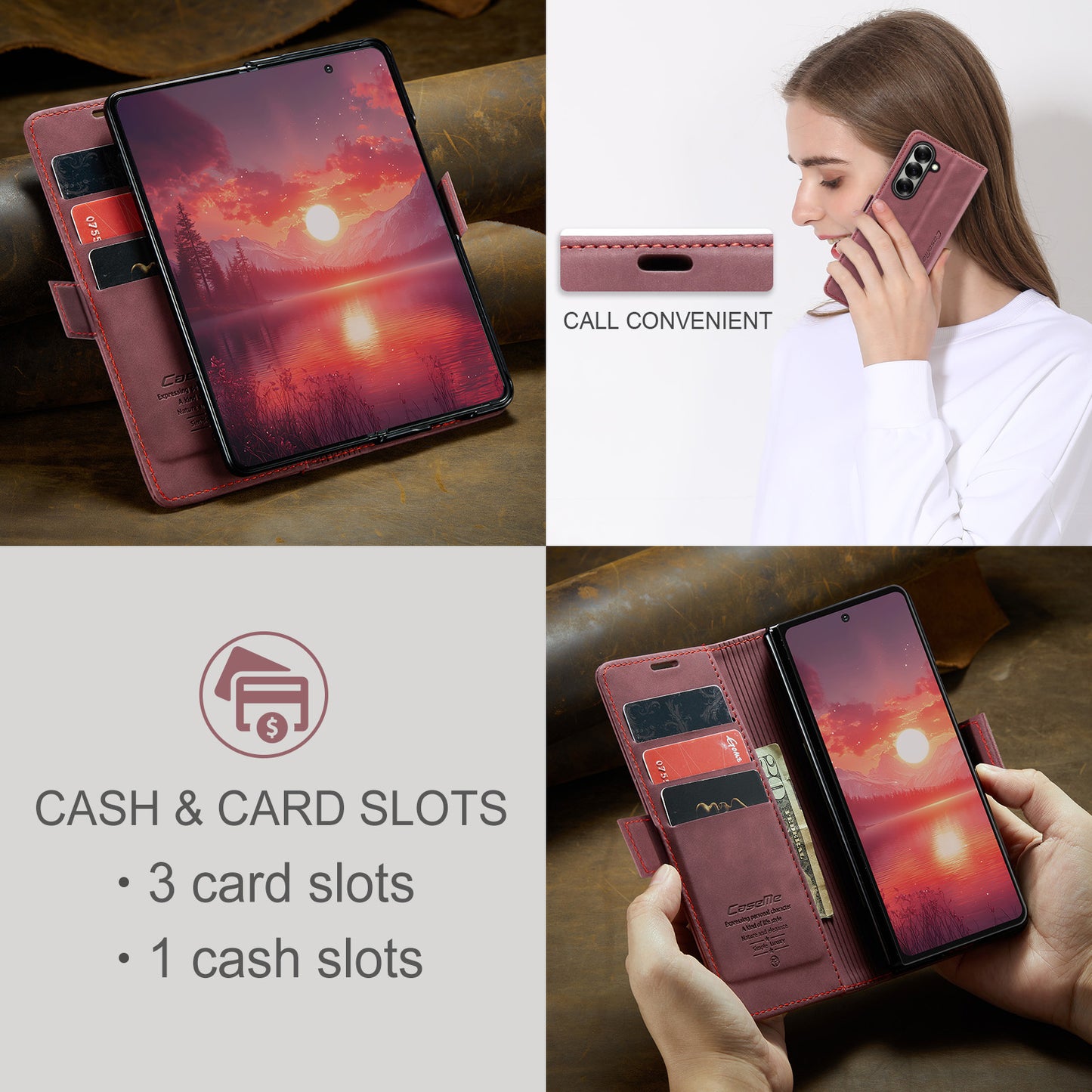 For Samsung Galaxy Z Fold7 5G Wallet Case CASEME 013 Series PU Leather Phone Cover Stand - Red