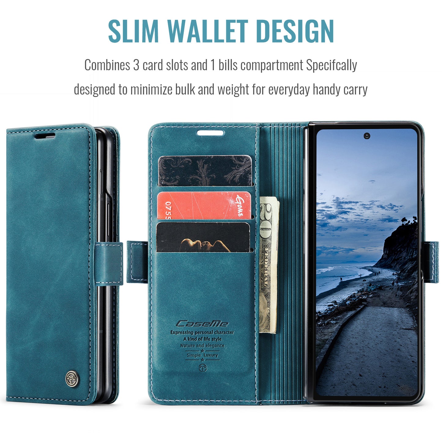 For Samsung Galaxy Z Fold7 5G Wallet Case CASEME 013 Series PU Leather Phone Cover Stand - Blue