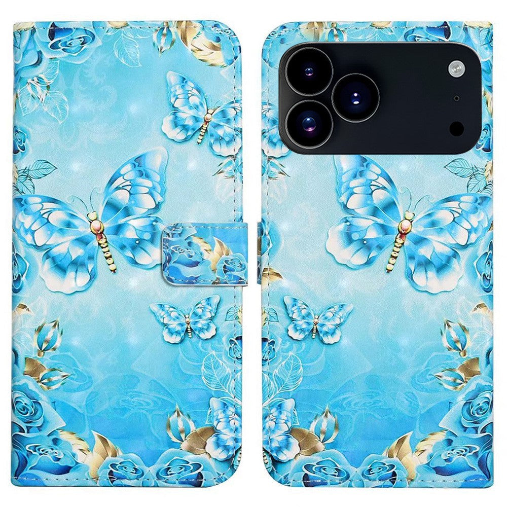 For iPhone 17 Pro Max Case 3D Creative Pattern PU Leather Stand Phone Cover - Blue Butterfly