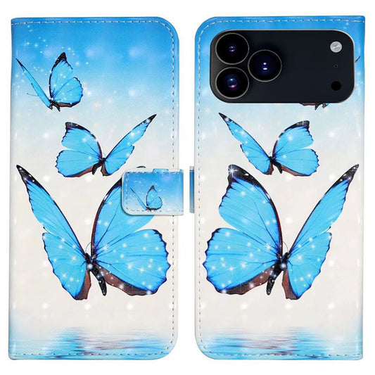 For iPhone 17 Pro Max Case 3D Creative Pattern PU Leather Stand Phone Cover - Three Butterflies