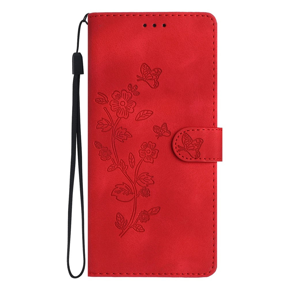 For iPhone 17 Pro Max Case Leather Imprinted Flower Phone Cover Wallet with Wrist Strap - Red