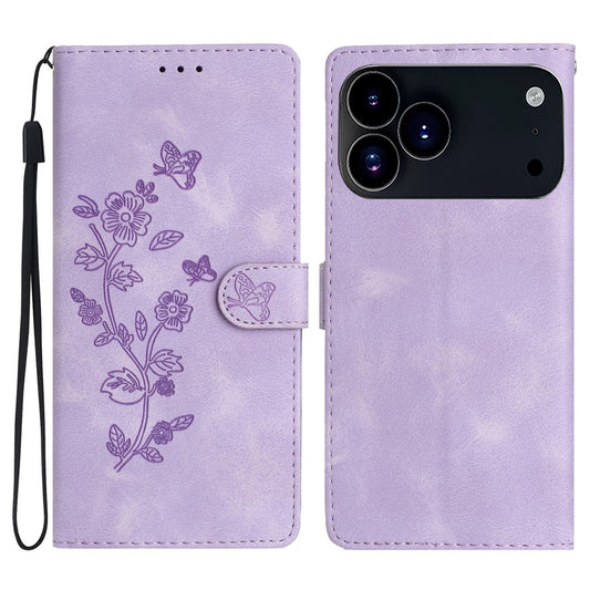 For iPhone 17 Pro Max Case Leather Imprinted Flower Phone Cover Wallet with Wrist Strap - Purple