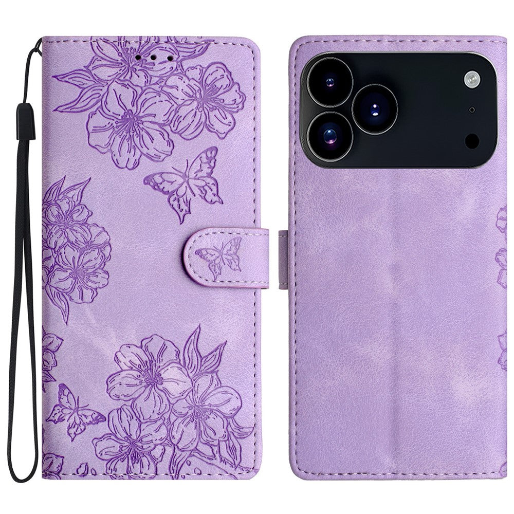 For iPhone 17 Pro Max Case Butterfly Flower Pattern Skin-Touch Leather Phone Cover - Purple