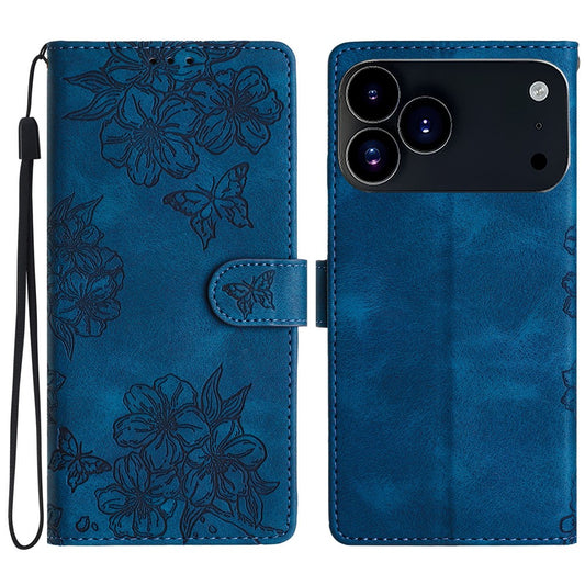 For iPhone 17 Pro Max Case Butterfly Flower Pattern Skin-Touch Leather Phone Cover - Blue