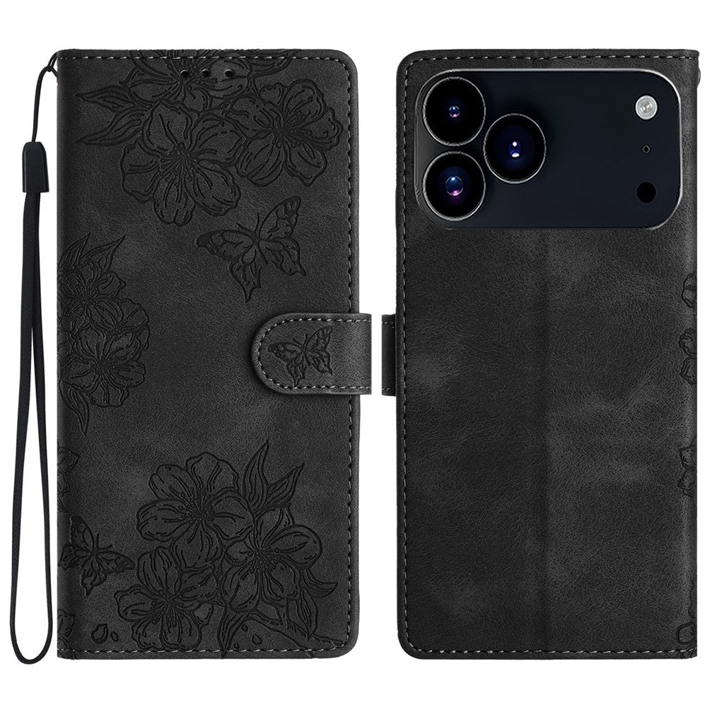 For iPhone 17 Pro Max Case Butterfly Flower Pattern Skin-Touch Leather Phone Cover - Black
