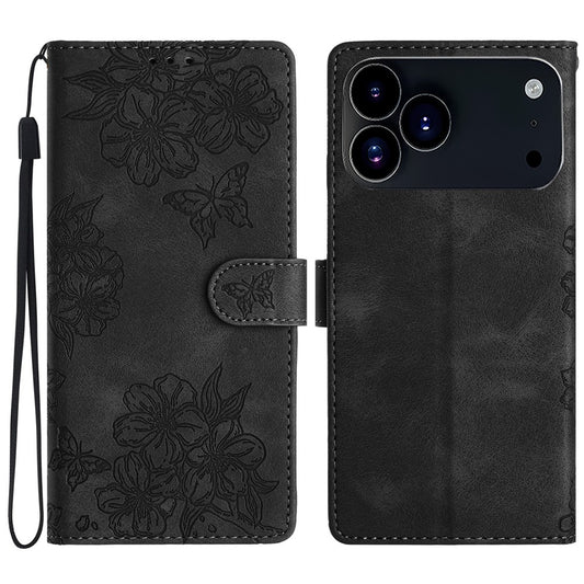 For iPhone 17 Pro Max Case Butterfly Flower Pattern Skin-Touch Leather Phone Cover - Black