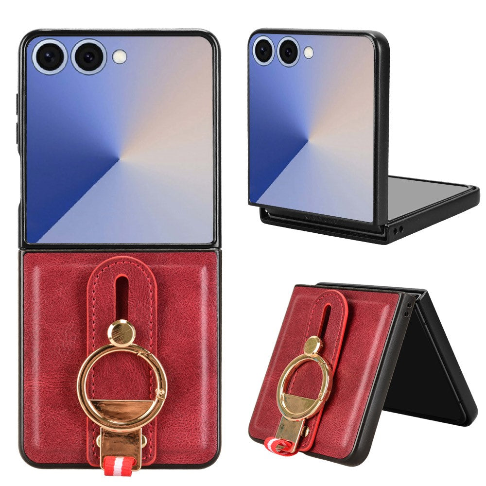 For Samsung Galaxy Z Flip7 5G Case Wristband Kickstand Leather + PC + TPU Phone Cover with Bottle Opener - Red