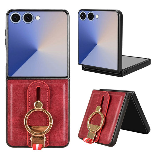 For Samsung Galaxy Z Flip7 5G Case Wristband Kickstand Leather + PC + TPU Phone Cover with Bottle Opener - Red