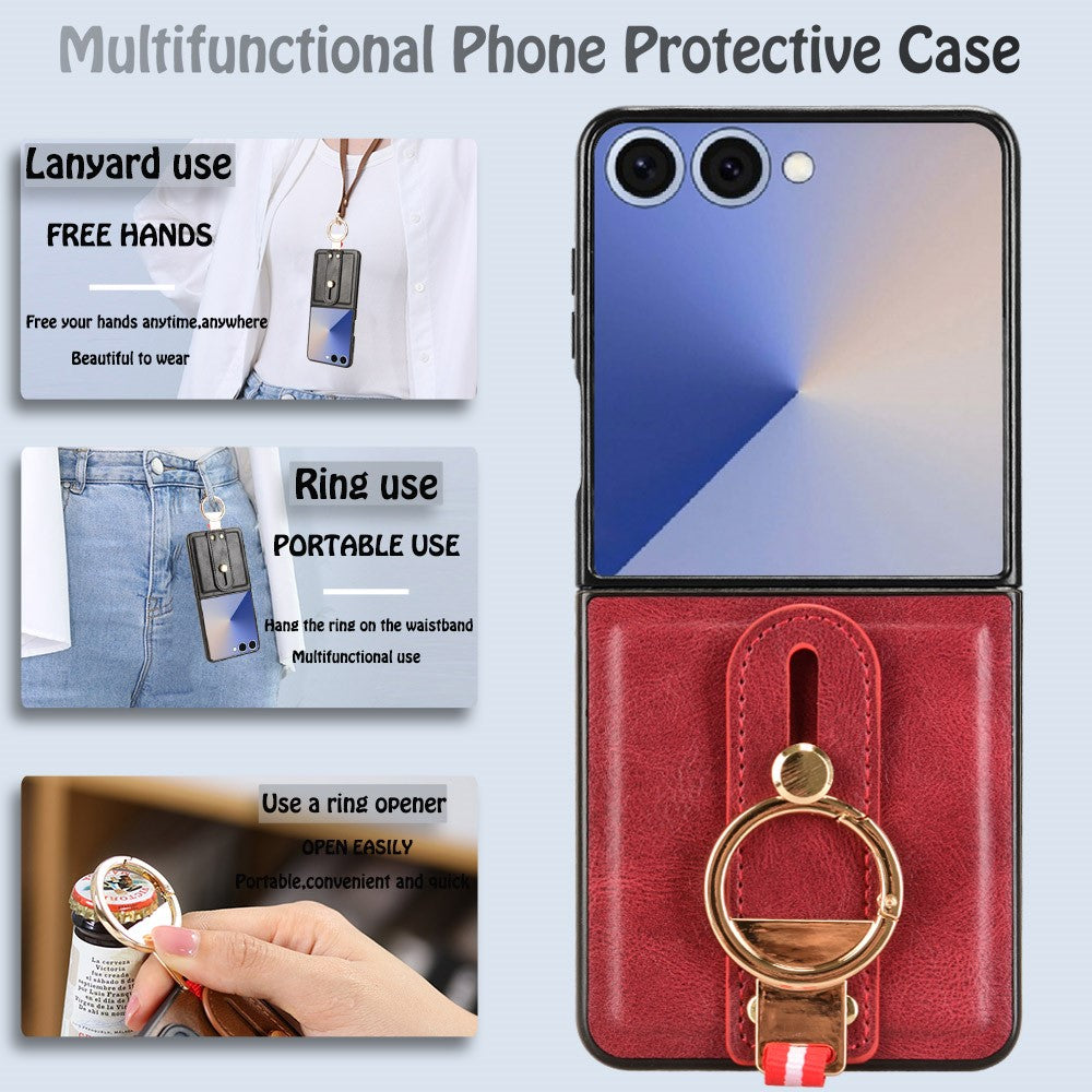 For Samsung Galaxy Z Flip7 5G Case Wristband Kickstand Leather + PC + TPU Phone Cover with Bottle Opener - Red