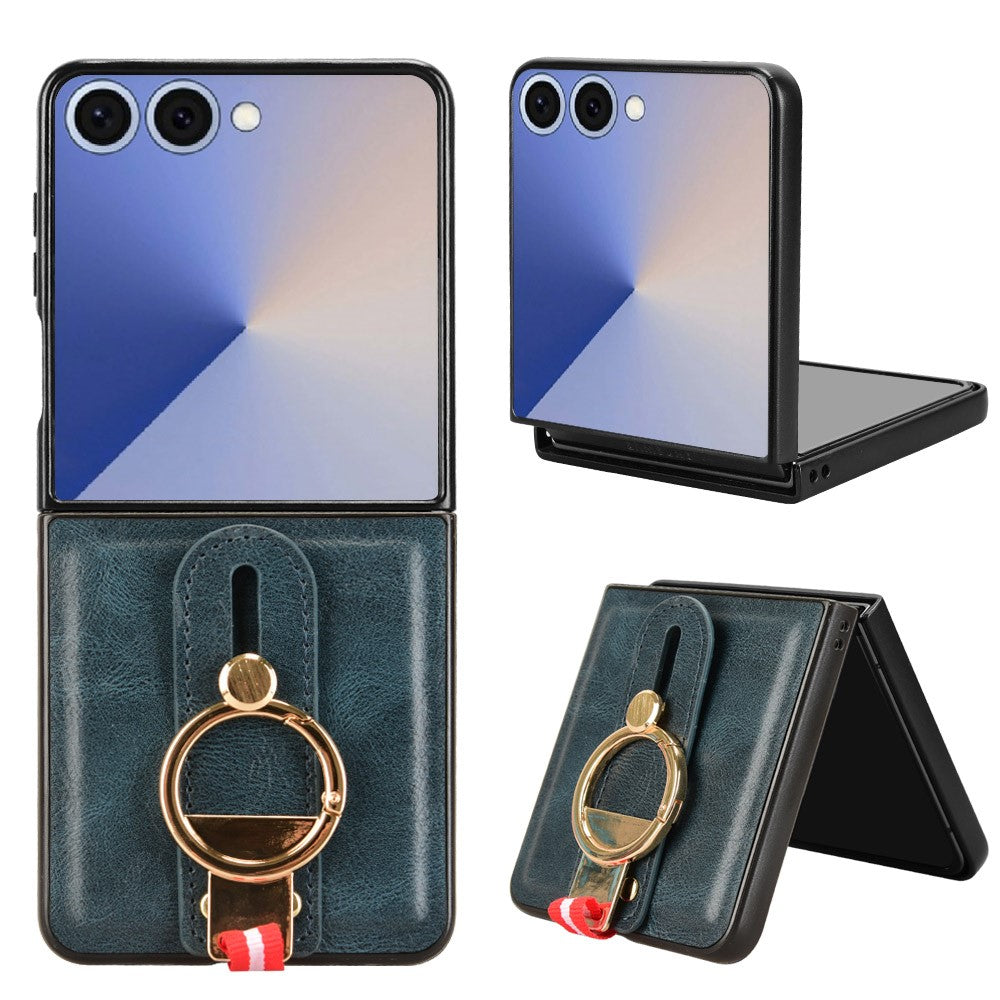 For Samsung Galaxy Z Flip7 5G Case Wristband Kickstand Leather + PC + TPU Phone Cover with Bottle Opener - Blue