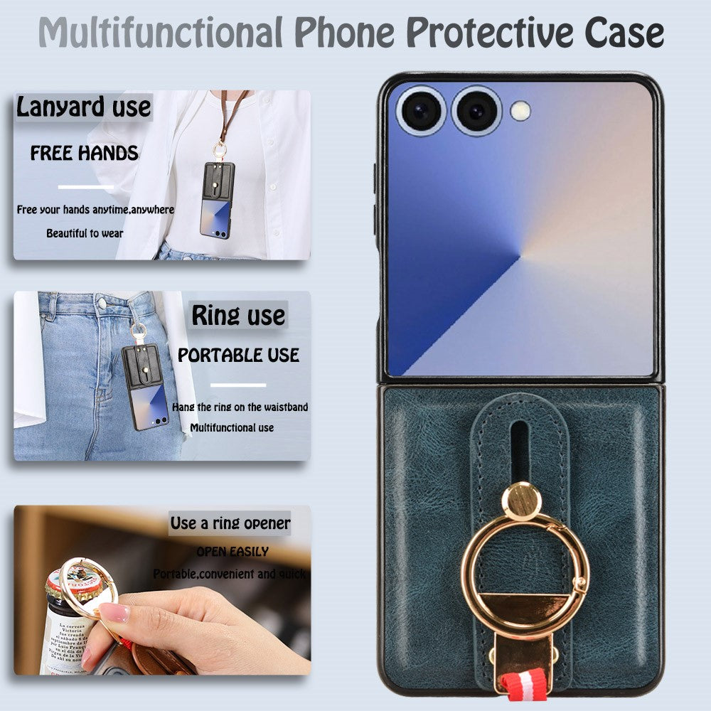 For Samsung Galaxy Z Flip7 5G Case Wristband Kickstand Leather + PC + TPU Phone Cover with Bottle Opener - Blue