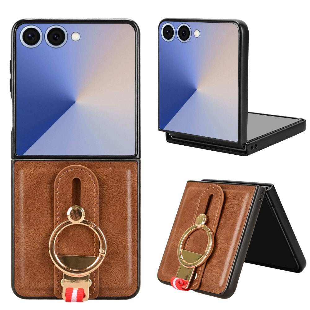 For Samsung Galaxy Z Flip7 5G Case Wristband Kickstand Leather + PC + TPU Phone Cover with Bottle Opener - Brown