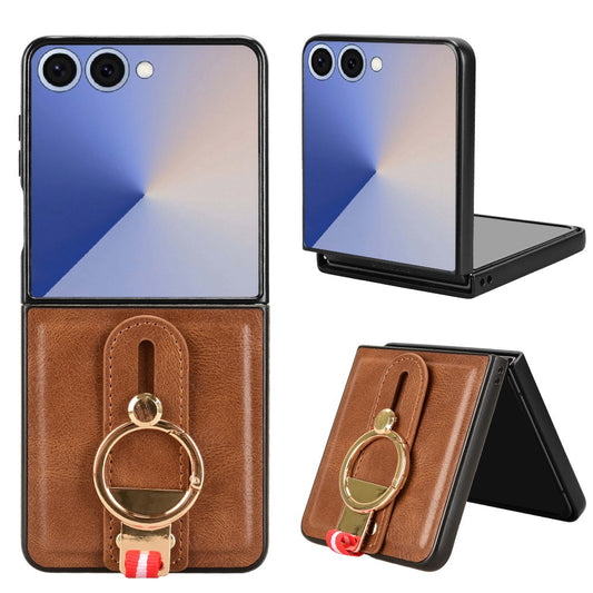 For Samsung Galaxy Z Flip7 5G Case Wristband Kickstand Leather + PC + TPU Phone Cover with Bottle Opener - Brown