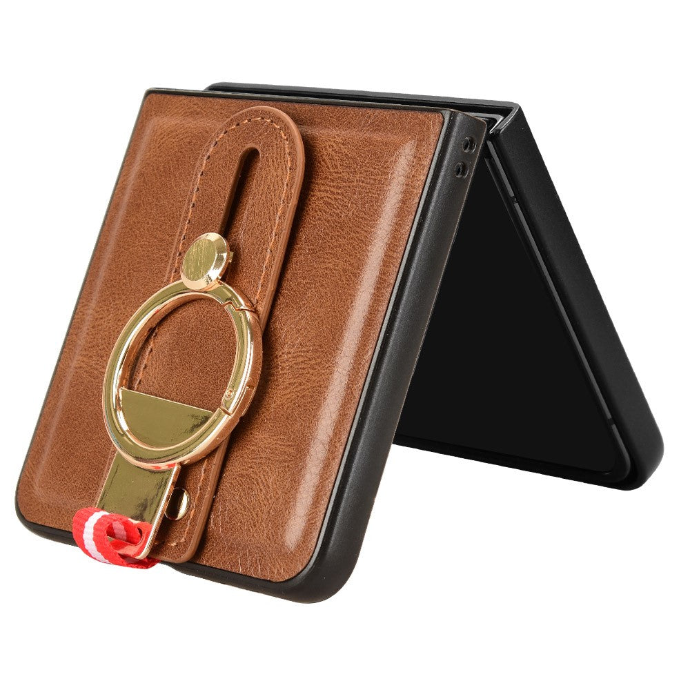 For Samsung Galaxy Z Flip7 5G Case Wristband Kickstand Leather + PC + TPU Phone Cover with Bottle Opener - Brown