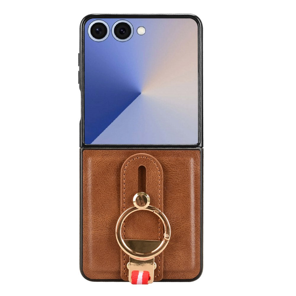 For Samsung Galaxy Z Flip7 5G Case Wristband Kickstand Leather + PC + TPU Phone Cover with Bottle Opener - Brown