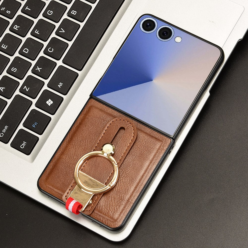 For Samsung Galaxy Z Flip7 5G Case Wristband Kickstand Leather + PC + TPU Phone Cover with Bottle Opener - Brown