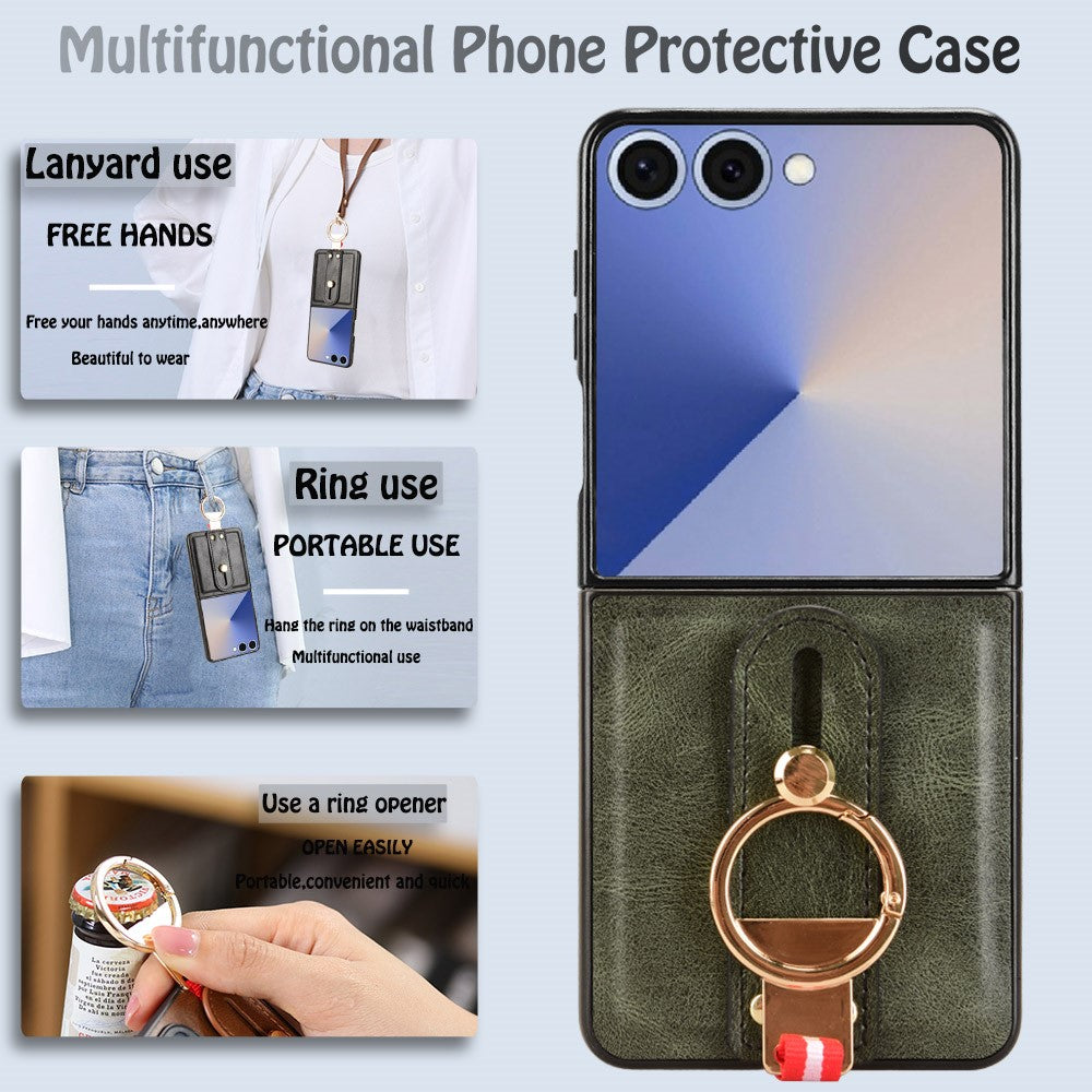 For Samsung Galaxy Z Flip7 5G Case Wristband Kickstand Leather + PC + TPU Phone Cover with Bottle Opener - Green