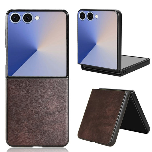 For Samsung Galaxy Z Flip7 5G Case Litchi Texture PU Leather + PC Phone Cover - Brown