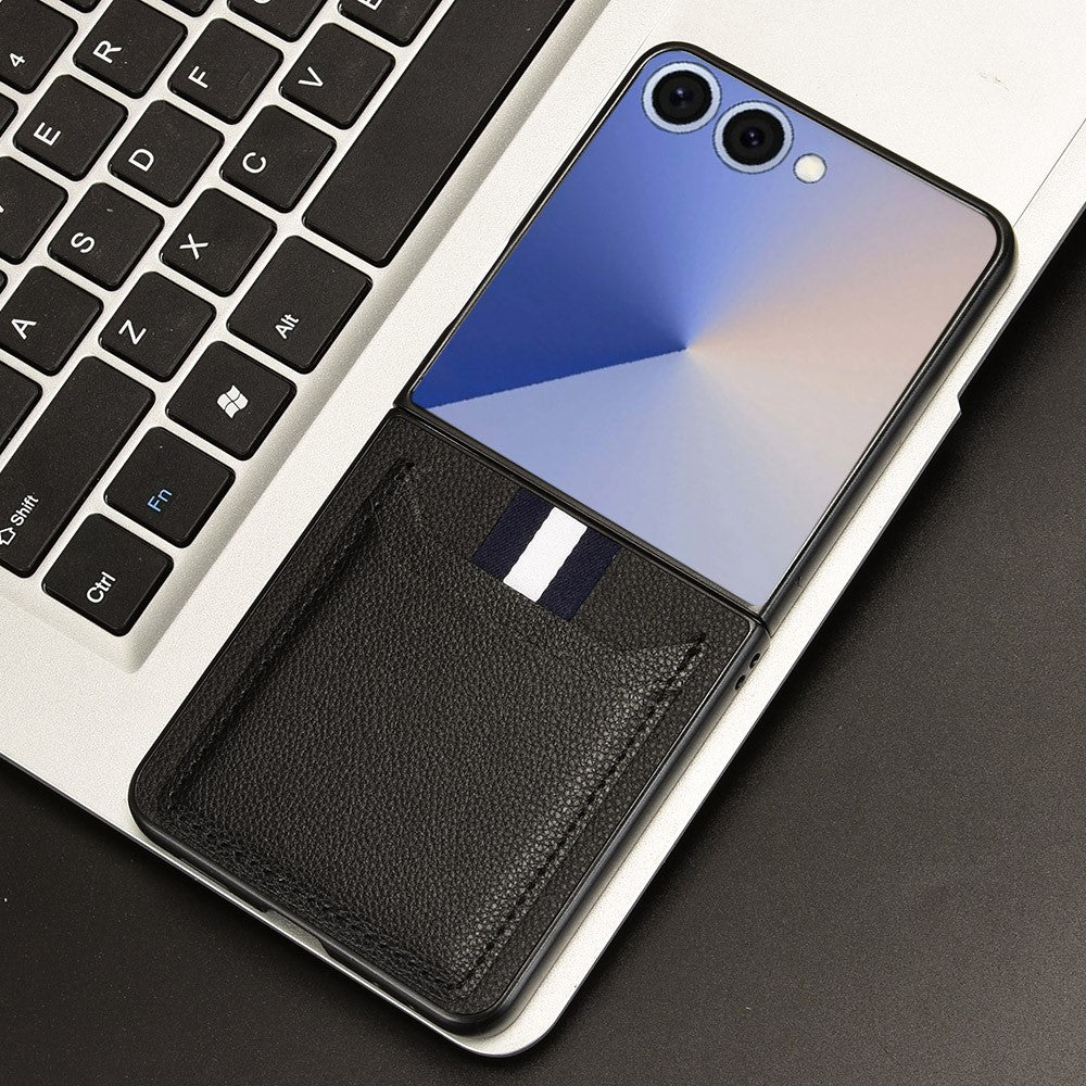For Samsung Galaxy Z Flip7 5G Case Card Holder Litchi Texture Leather + PC Phone Cover - Black
