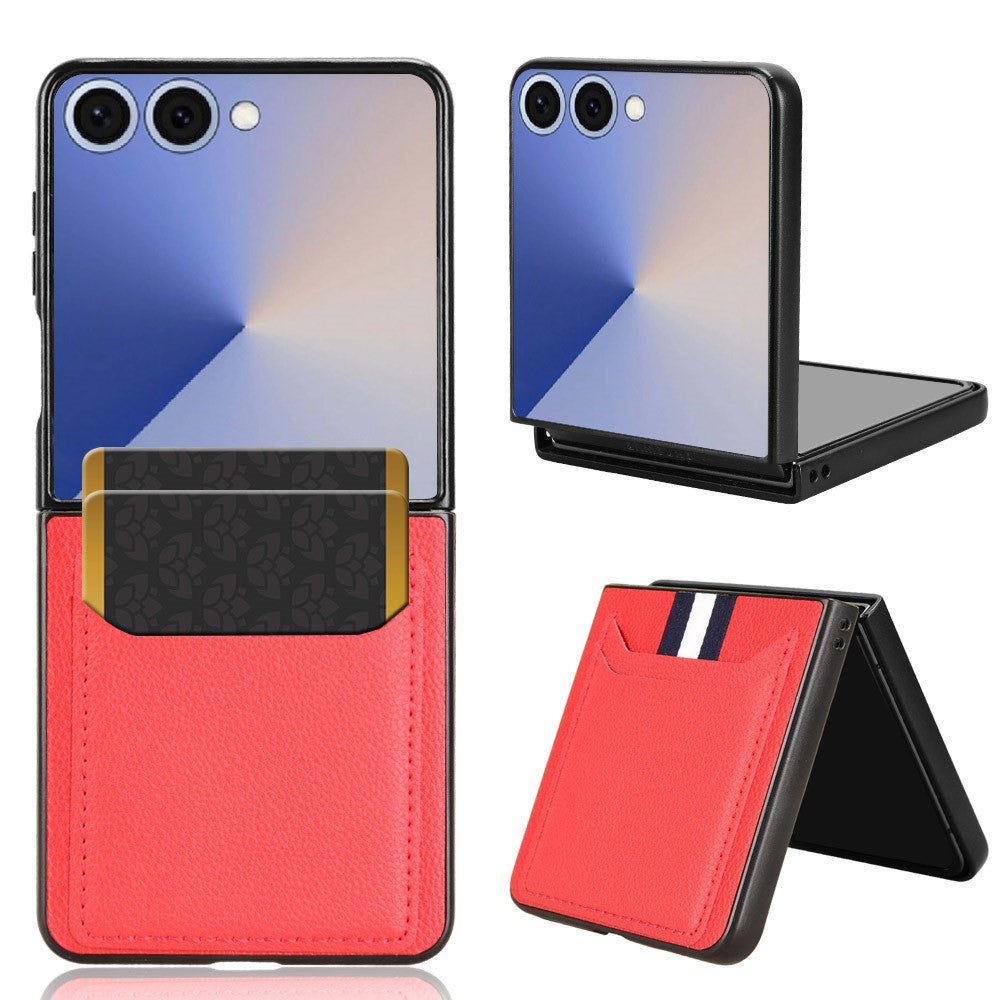 For Samsung Galaxy Z Flip7 5G Case Card Holder Litchi Texture Leather + PC Phone Cover - Red