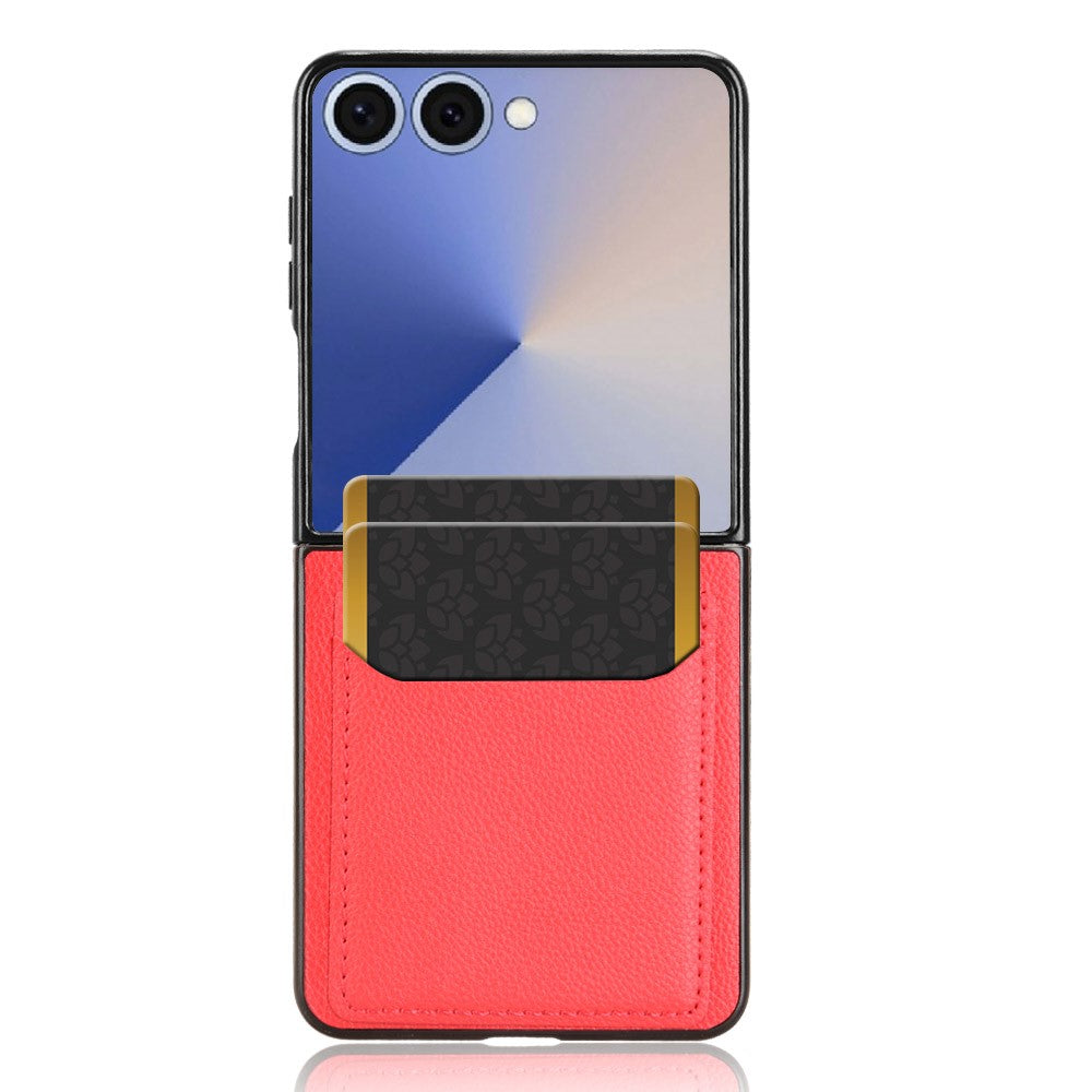 For Samsung Galaxy Z Flip7 5G Case Card Holder Litchi Texture Leather + PC Phone Cover - Red