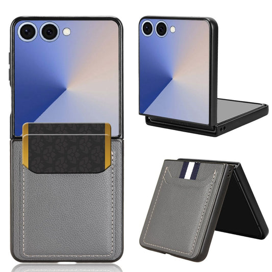 For Samsung Galaxy Z Flip7 5G Case Card Holder Litchi Texture Leather + PC Phone Cover - Grey