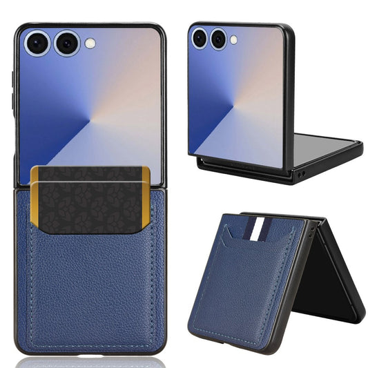 For Samsung Galaxy Z Flip7 5G Case Card Holder Litchi Texture Leather + PC Phone Cover - Blue