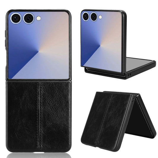 For Samsung Galaxy Z Flip7 5G Case Stitching Line PU Leather Coated PC Phone Cover - Black