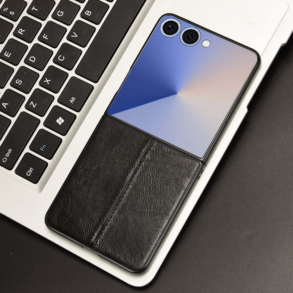 For Samsung Galaxy Z Flip7 5G Case Stitching Line PU Leather Coated PC Phone Cover - Black