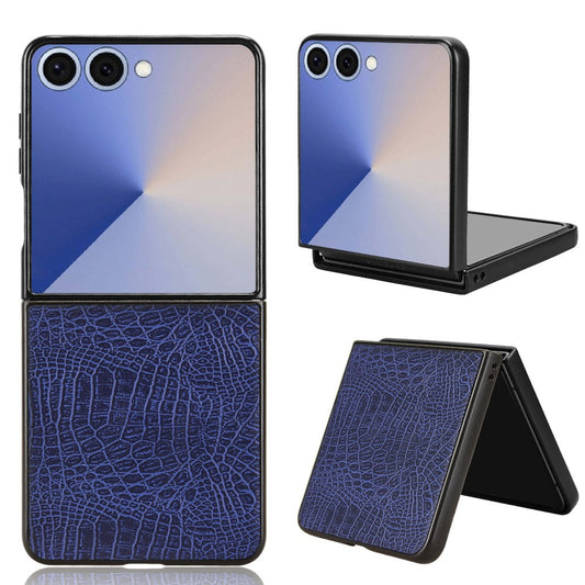 For Samsung Galaxy Z Flip7 5G Case Crocodile Texture Leather Coated Hard PC Phone Cover - Blue