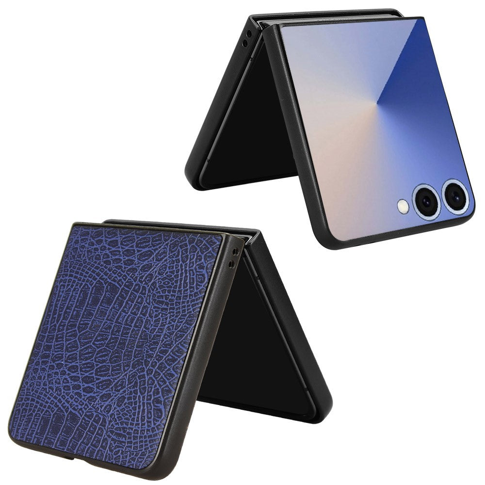 For Samsung Galaxy Z Flip7 5G Case Crocodile Texture Leather Coated Hard PC Phone Cover - Blue
