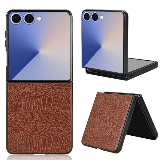For Samsung Galaxy Z Flip7 5G Case Crocodile Texture Leather Coated Hard PC Phone Cover - Brown