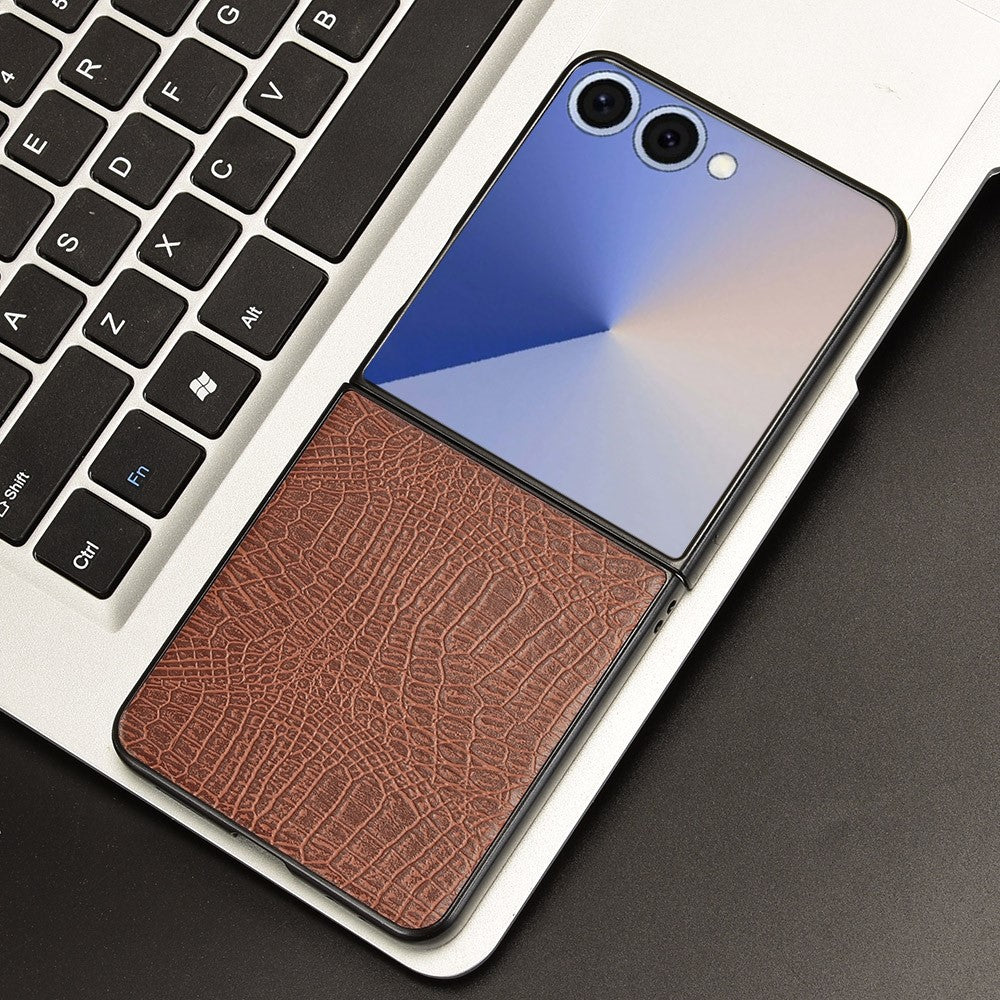 For Samsung Galaxy Z Flip7 5G Case Crocodile Texture Leather Coated Hard PC Phone Cover - Brown