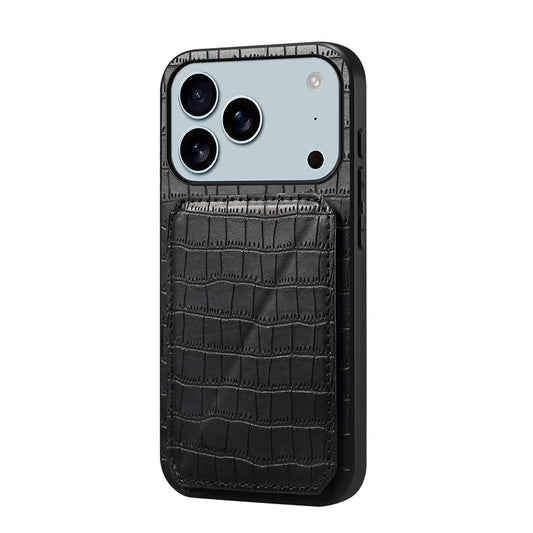 For iPhone 17 Pro Max Case with Card Holder Leather + PC + TPU Crocodile Textured Back Cover - Black