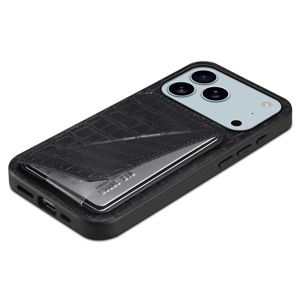 For iPhone 17 Pro Max Case with Card Holder Leather + PC + TPU Crocodile Textured Back Cover - Black