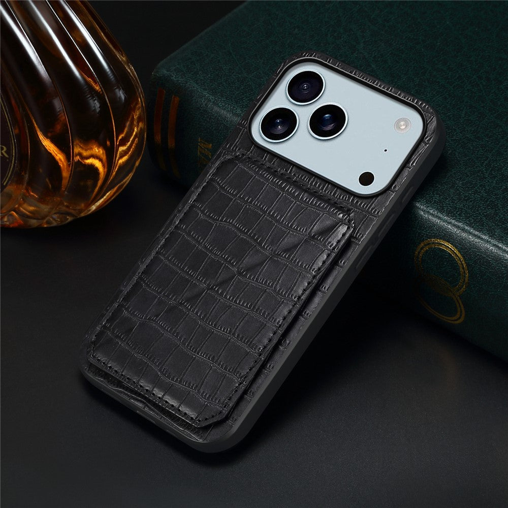 For iPhone 17 Pro Max Case with Card Holder Leather + PC + TPU Crocodile Textured Back Cover - Black