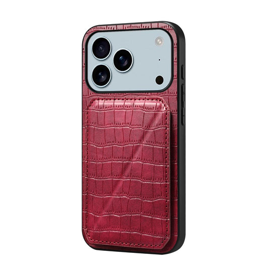 For iPhone 17 Pro Max Case with Card Holder Leather + PC + TPU Crocodile Textured Back Cover - Rose