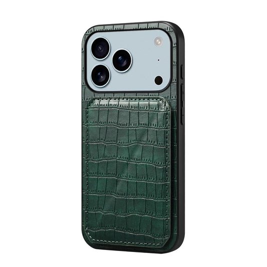 For iPhone 17 Pro Max Case with Card Holder Leather + PC + TPU Crocodile Textured Back Cover - Green