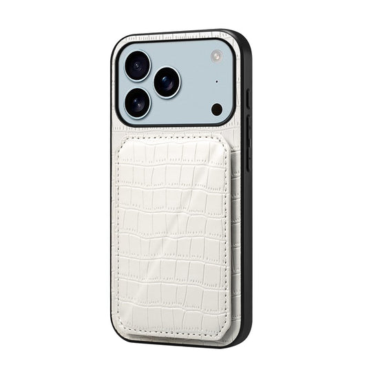 For iPhone 17 Pro Max Case with Card Holder Leather + PC + TPU Crocodile Textured Back Cover - White
