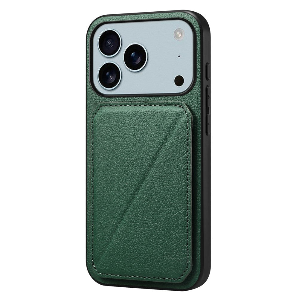 For iPhone 17 Pro Max Case Card Holder Kickstand Calf Textured Leather + PC + TPU Phone Cover - Green