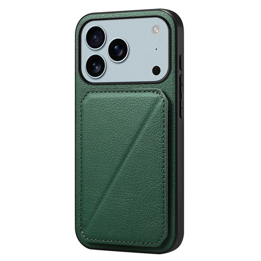 For iPhone 17 Pro Max Case Card Holder Kickstand Calf Textured Leather + PC + TPU Phone Cover - Green
