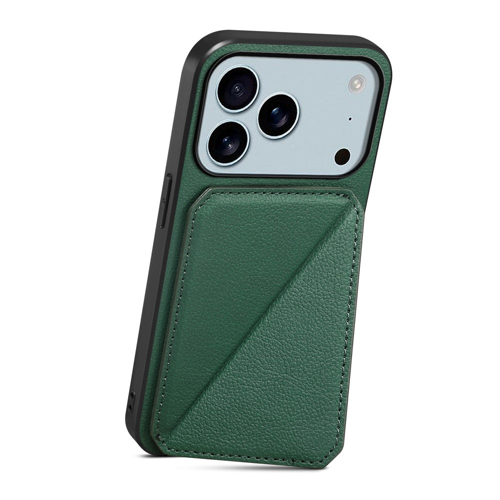 For iPhone 17 Pro Max Case Card Holder Kickstand Calf Textured Leather + PC + TPU Phone Cover - Green